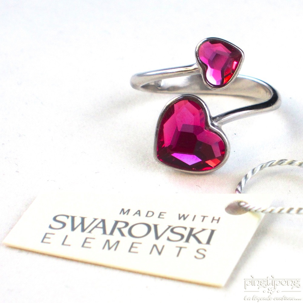 Bague réglable en ragent et 2 cristaux de Swarovski rose en forme de coeur - boutique pingtipong