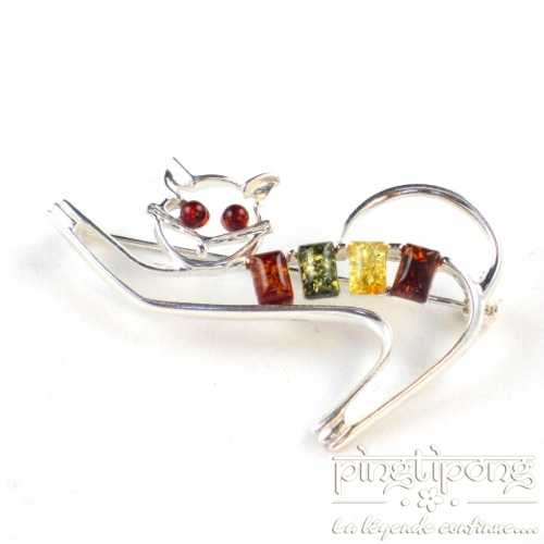 Bijou chat qui s'étire en argent et ambre - boutique pingtipong