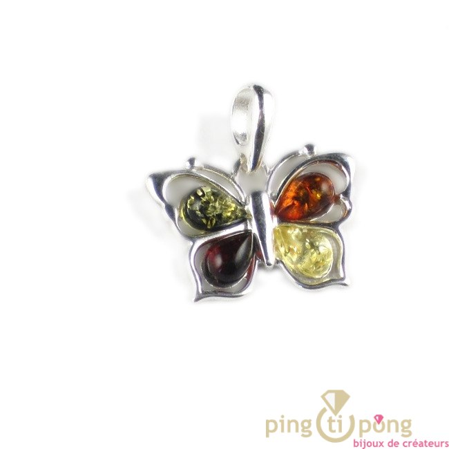 Pendentif papillon en argent et ambre 4 couleurs