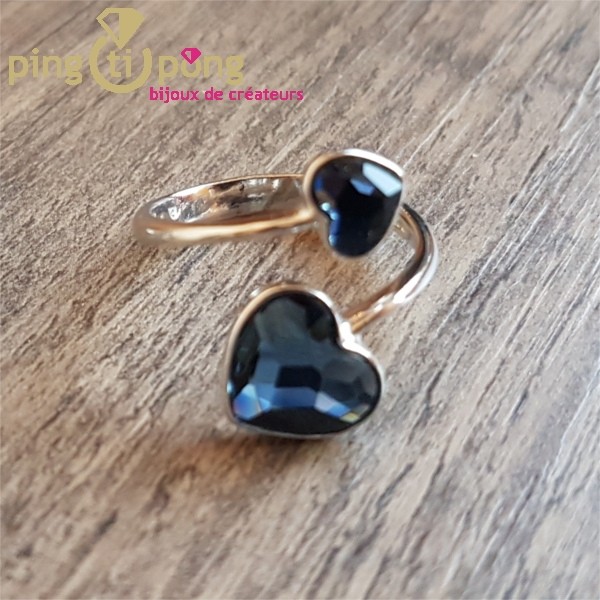 Bague Spark En Argent Et Swarovski 2 Coeur Reglables Bleu Topaze