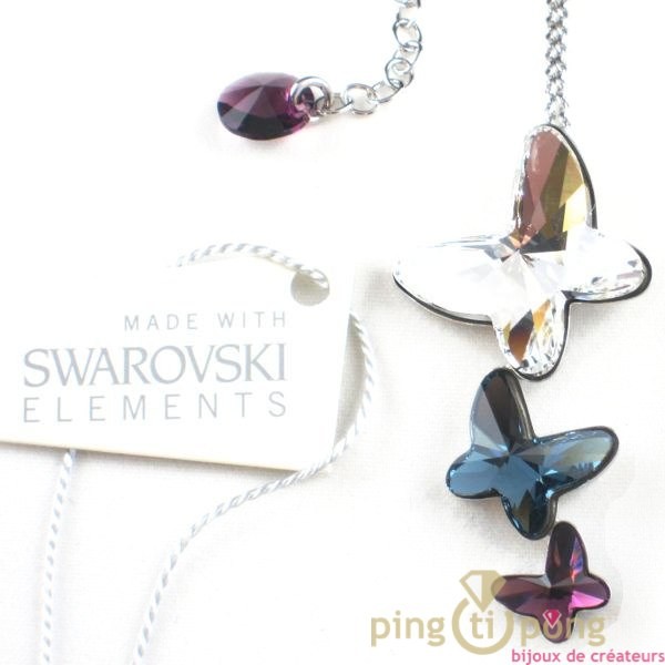 bijoux swarovski elements, collier SPARK 3 papaillons blanc, bleu et rose,violet