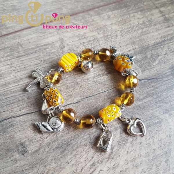 Bracelet bijou fantaisie en métal doré et perles jaunes ambré