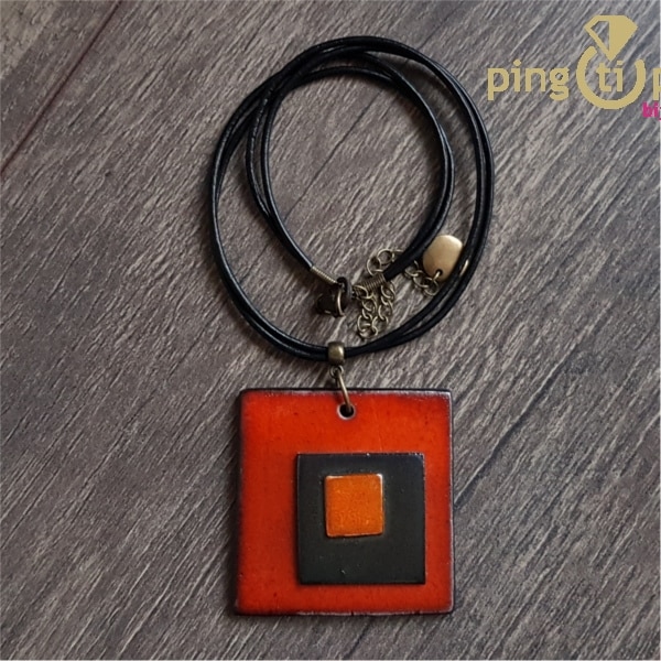 Artisanal triple square necklace in glazed ceramic orange-0