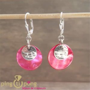 Boucles d'oreilles, créatrice "La Petite Sardine" en Nacre rose et argent massif-0