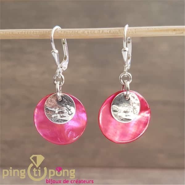 Earrings, designer "La Petite Sardine" in Pink Mother-of-Pearl and Sterling Silver