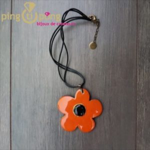 Genuine orange and black glazed ceramic flower necklace C. ALLOING-0