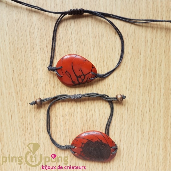 Bracelet en noix de tagua zébrée (ivoire végétal) orange et coton -0