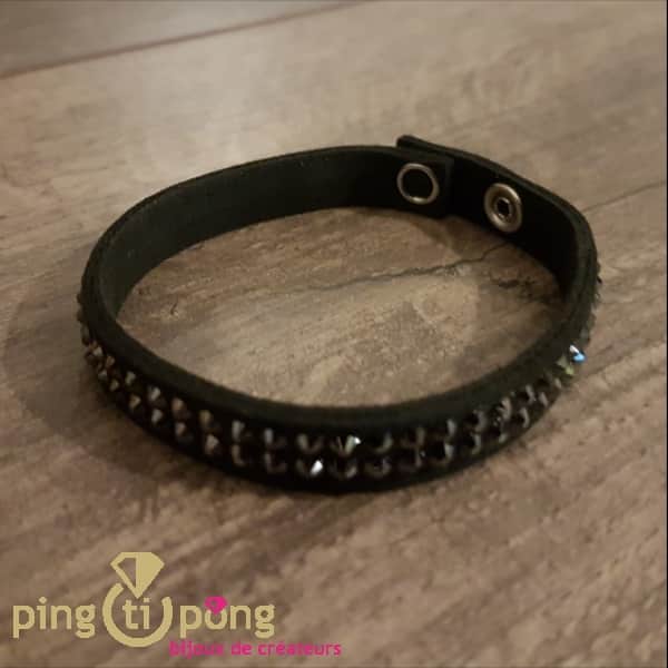 Bracelet 1 turn Spark in black alcantara® and 2 rows of black Swarovski® crystals -0