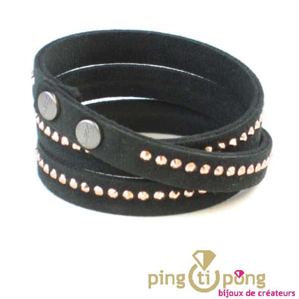 Black alcantara and pink crystals Spark bracelet