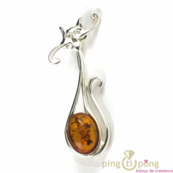 bijoux ambre et argent broche chat aristauchat
