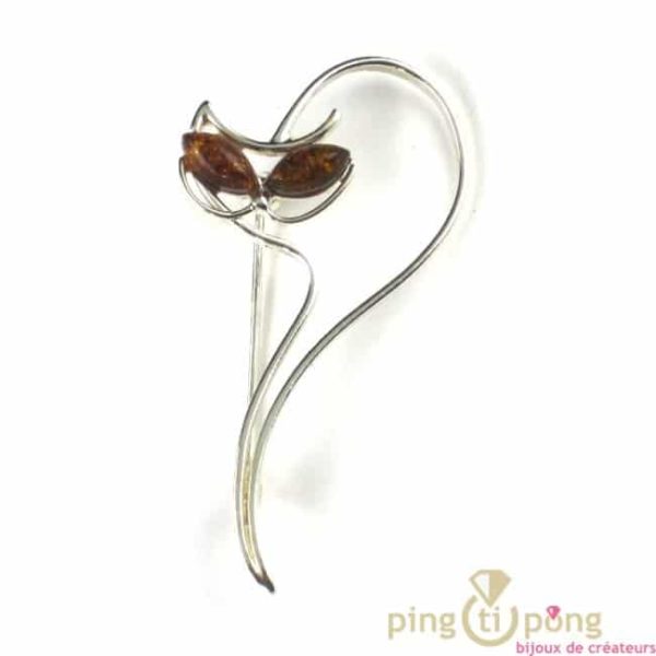 broche en ambre et argent chat Stylisé
