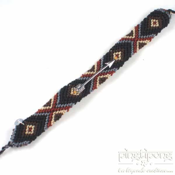 Bracelet brésilien noir marron gris et beige avec flèche argent homme et  femme