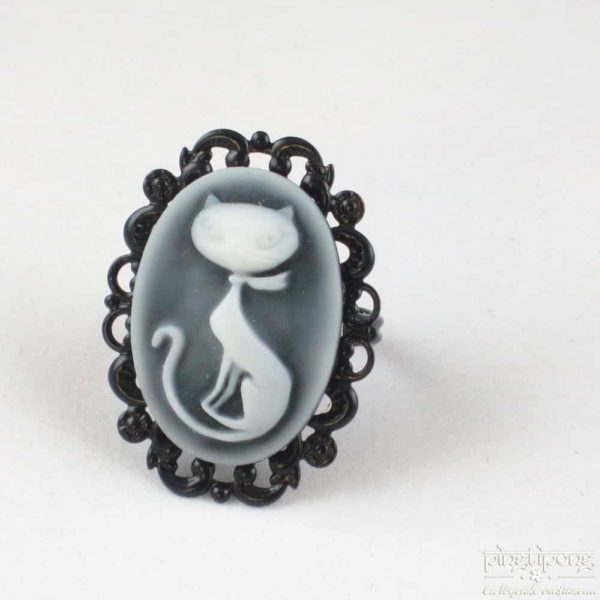 Bague camée chat assis gris