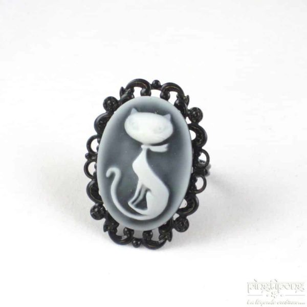Bague camée chat assis gris