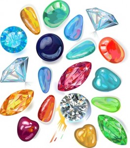 Set of cut and uncut gemstones : Diamond, amber, ruby, emerald, topaz, jet, sapphire...