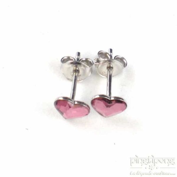 bijou spark boucle d'oreille puce en argent et swarovski en forme de coeur rose intense