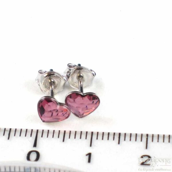 bijou spark boucles d'oreille puces en argent et swarovski en forme de coeur rose intense