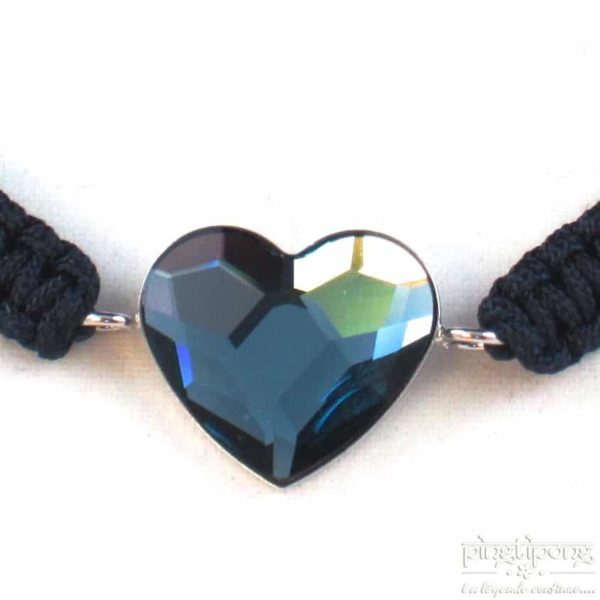 bijoux SPARK bracelet en coton, swarovski et argent en forme de coeur bleu