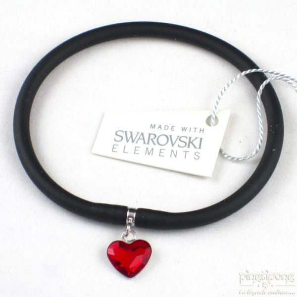 Spark jewel : black silicone bracelet and red heart ruby in swarovski