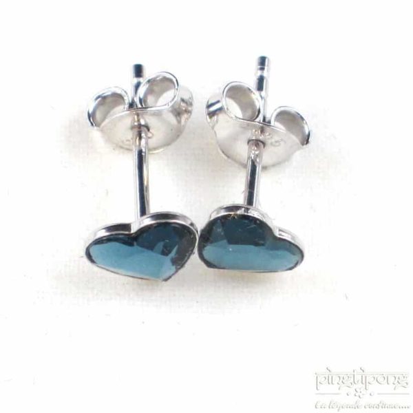 bijou spark boucle d'oreille puce en argent et swarovski en forme de coeur bleu topaze