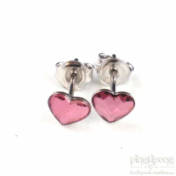 bijoux spark boucles d'oreilles puce en argent et swarovski en forme de coeur rose intense