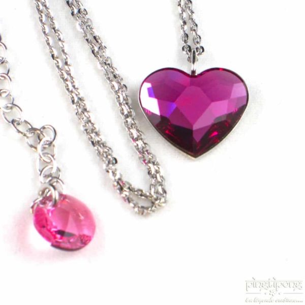 collier spark en forme de coeur en swarovski rose fuchsia et argent