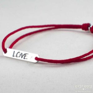 Minimalist LOVE bracelet L'AVARE silver jewelry and red cotton lace