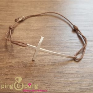 Bracelet en argent - L'AVARE bijoux - croix et fil de coton taupe