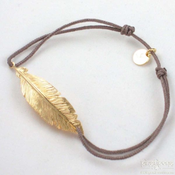 Silver and gold bracelet in the shape of a feather and brown cotton thread taupe - L'AVARE jewellery