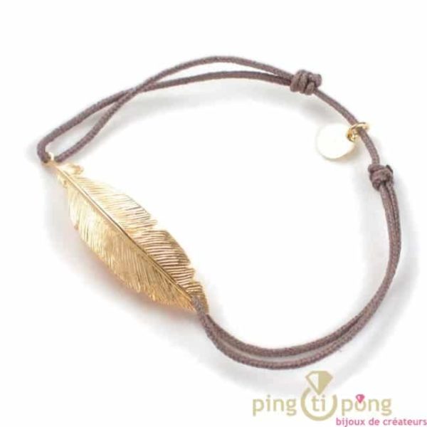 Feather jewelry: Silver and gold bracelet and taupe cotton thread - L'AVARE jewellery