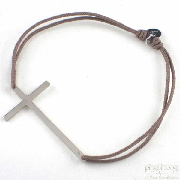 Silver bracelet - L'AVARE bijoux - cross and taupe cotton thread