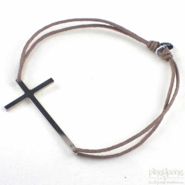 Bracelet en argent - L'AVARE bijoux - croix et fil de coton taupe