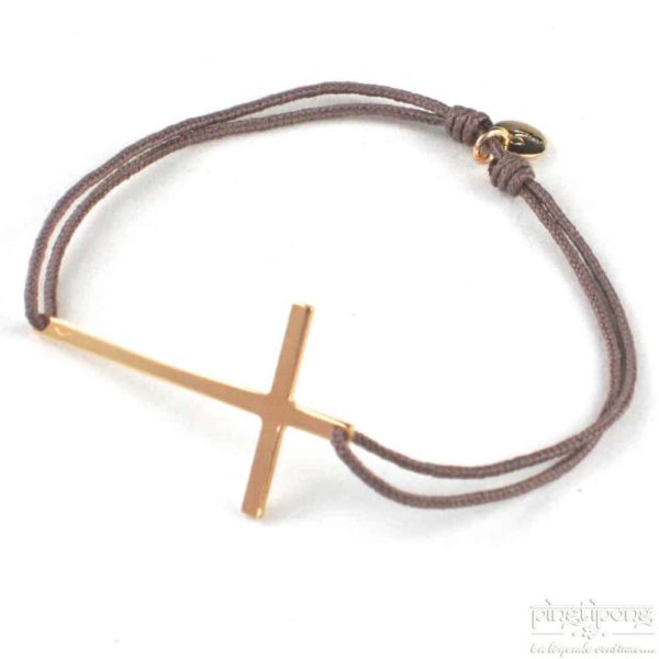 l'avare bijoux - bracelet en vermeil argent plaqué or en forme de croix et lacette marron taupe