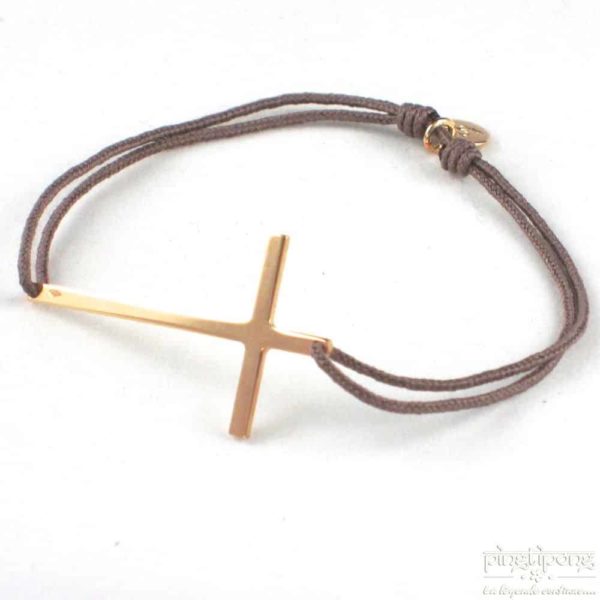 L'AVARE jewelry - gold plated silver bracelet in the shape of a cross and brown tie
