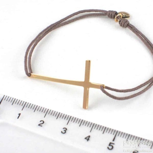 L'AVARE jewelry - gold plated silver bracelet in the shape of a cross and brown tie