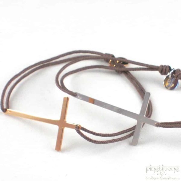 L'AVARE jewelry - gold plated silver bracelet in the shape of a cross and brown tie