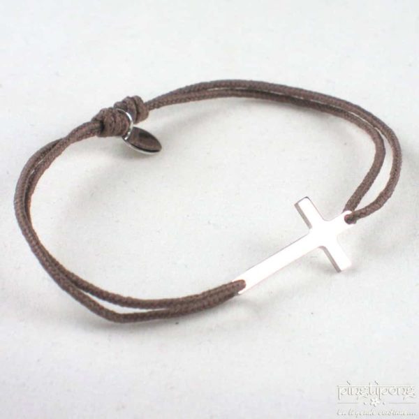 bijoux L'AVARE bracelet petite croix en argent et fil de coton taupe