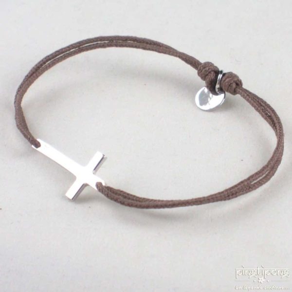 bijoux L'AVARE bracelet petite croix en argent et fil de coton taupe