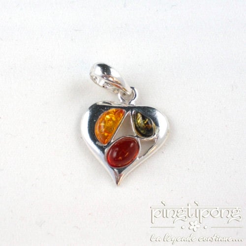 pendentif coeur en ambre jaune, ambre verte et ambre orange et argent