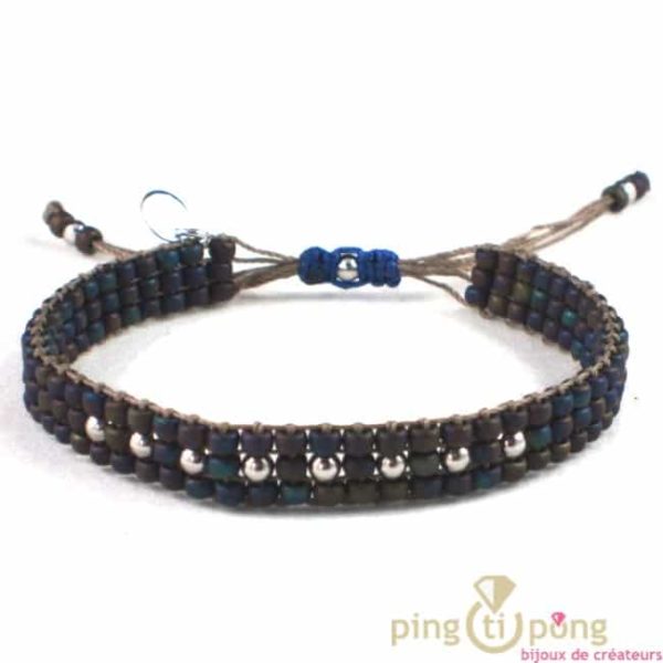 brown moiré blue and silver toho pearl bracelet