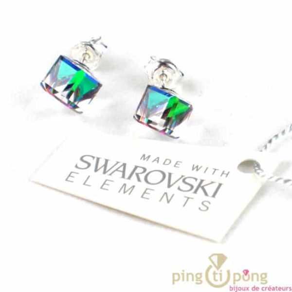 bijou SPARK boucles d'oreilles cube en cristal de swarovski blanc à reflets multicolores