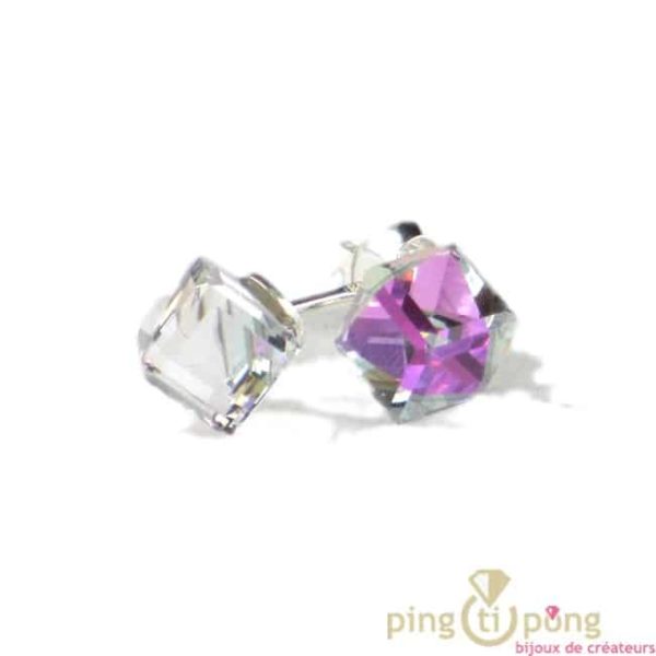 bijoux swarovski SPARK boucles d'oreilles cube en cristal de swarovski blanc à reflet violet