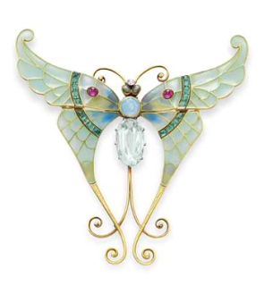 Broche Boucheron papillon en émeraude, opale, rubis et turquoise réalisée en Novembre 1900 et faisant partie de la collection Liz Taylor