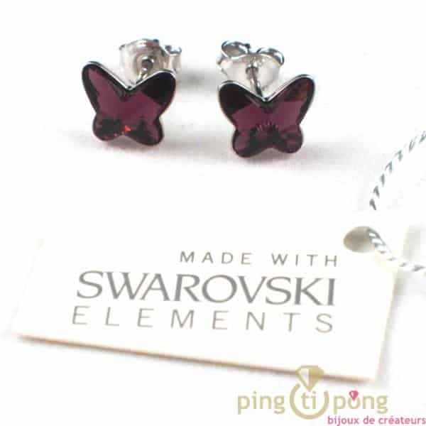 papillon swarovski violet boucles d'oreilles puces