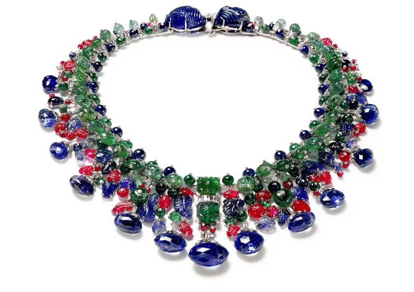 Collier Cartier 3tutti fruiti en platine émeraude, rubis, diamant de 1936