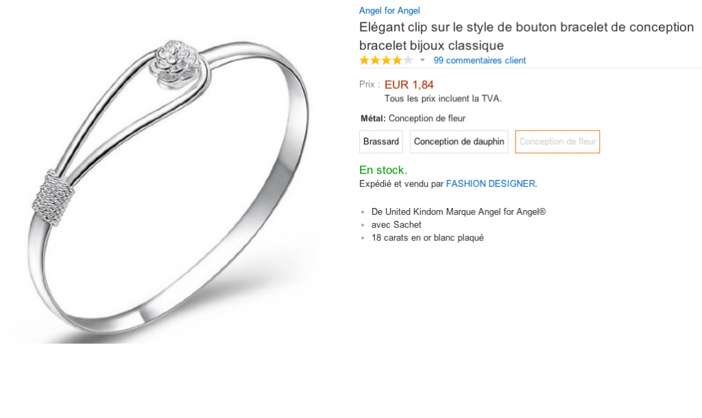 Exemple de bijoux pas chers trouvé sur amazon, le vendeur est étranger (anglais) mais le bijou fantaisie vient visiblement de beaucoup plus loin, il en profite pour tenter de tromper le client en marquant qu'il s'agit d'or 18 carat, les caractéristiques du produit sont très vagues (pas de spécifications du métal employé, pas de taille...) les clients signalent un problème de fermoir... à éviter