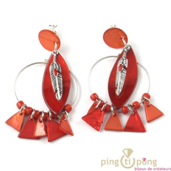 boucles d'oreilles en nacre indien plume rouge de la petite sardine