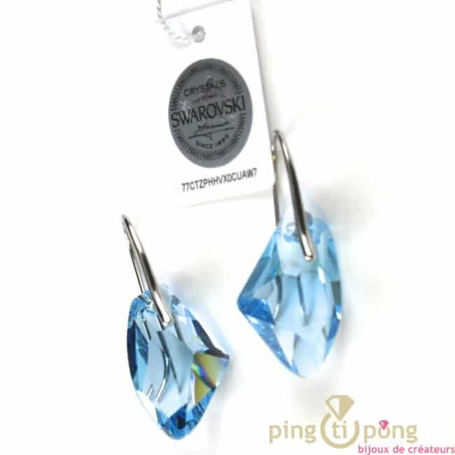 BIJOUX BOUCLES D OREILLES PERCE POGGI METAL ARGENT BLEU PRUNE CRISTAL  SWAROVSKI