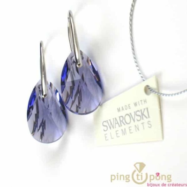 boucles d'oreilles en argent et Swarovski couleur violet tanzanite, forme goutte