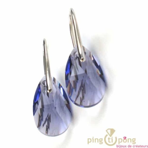 boucles d'oreilles en argent et Swarovski couleur violet tanzanite, forme goutte